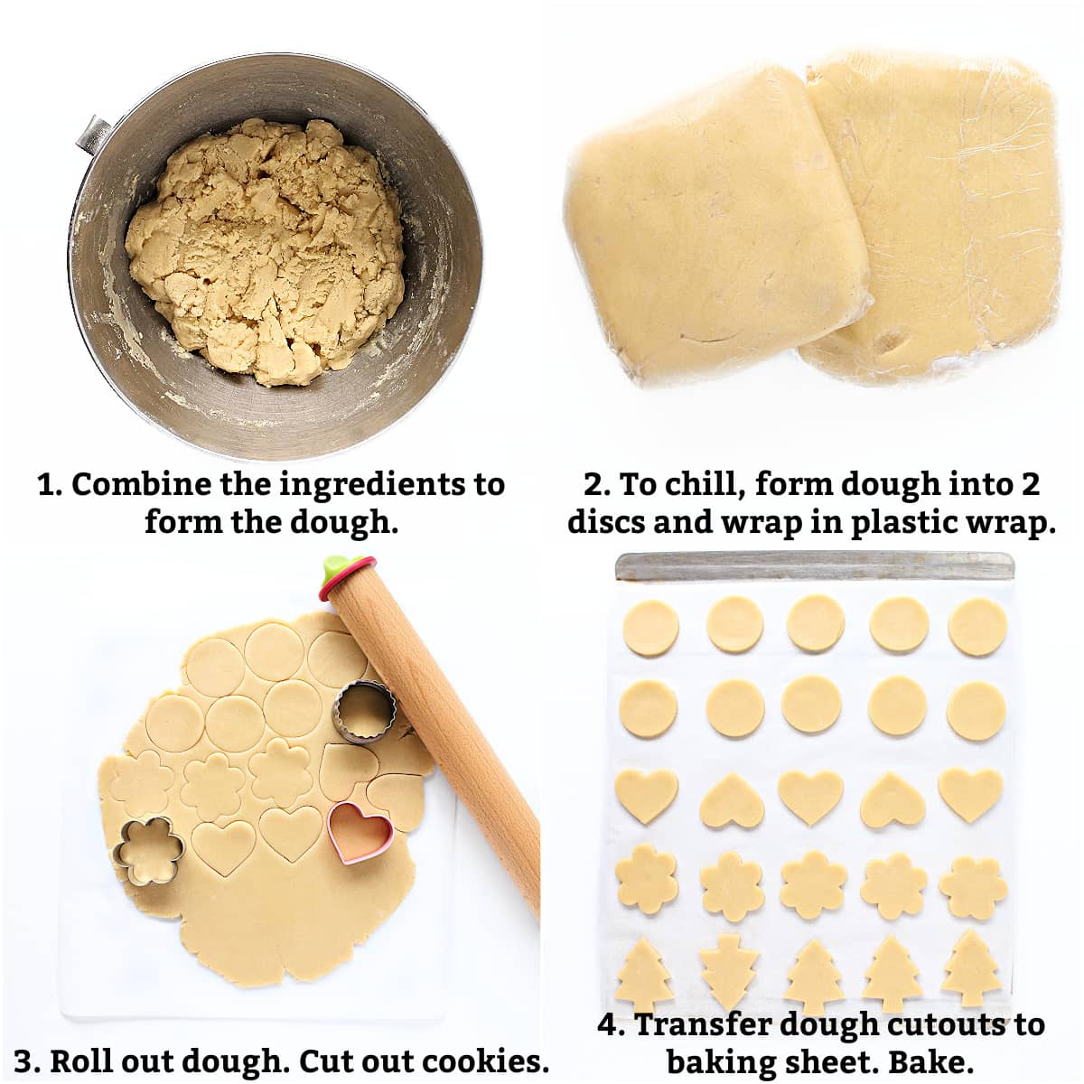 Instructions: form dough, wrap to chill, roll out dough, cut out shapes, bake on lined pan.