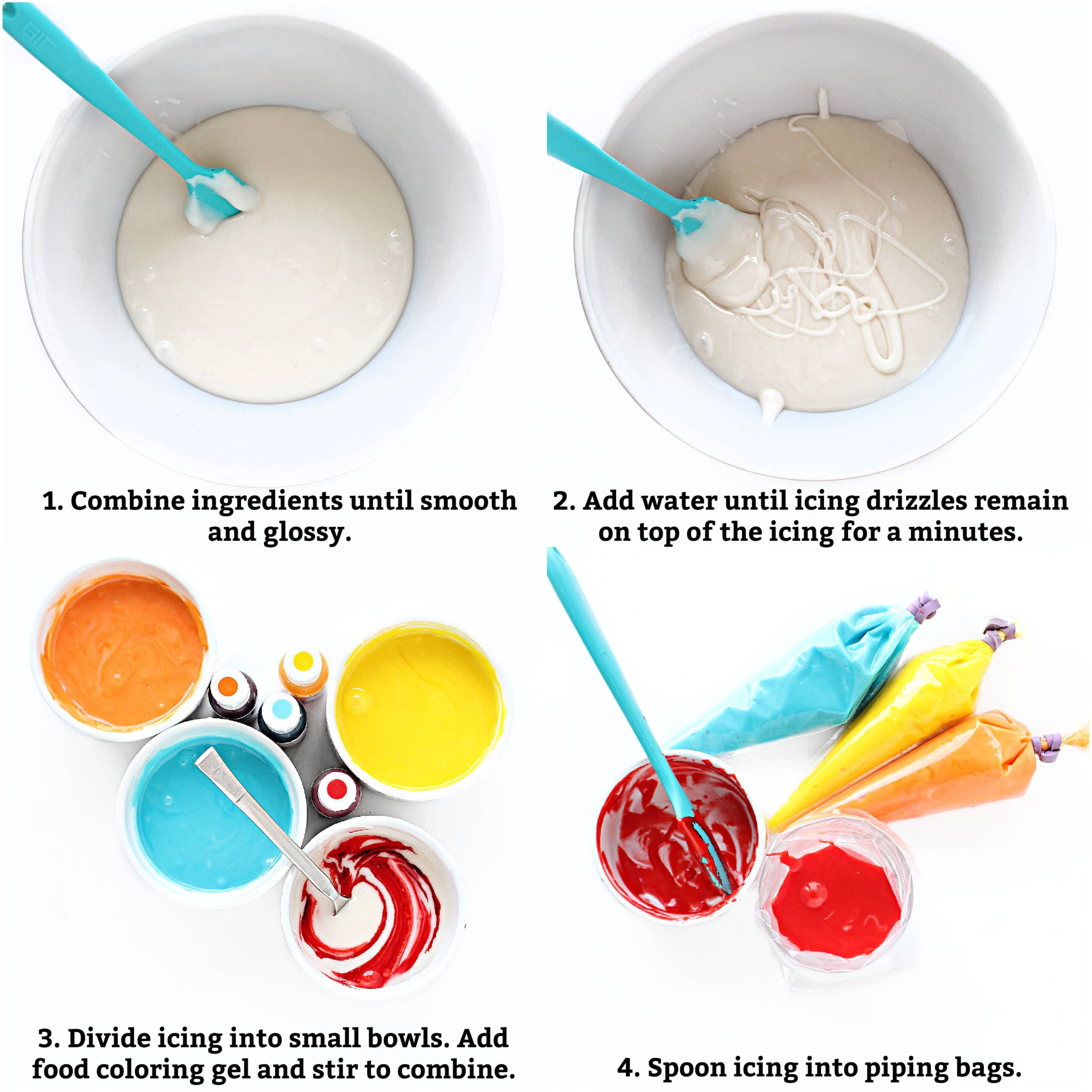 Recipe Instructions: combine ingredients, divide into bowls, stir in food coloring, spoon into piping bags.