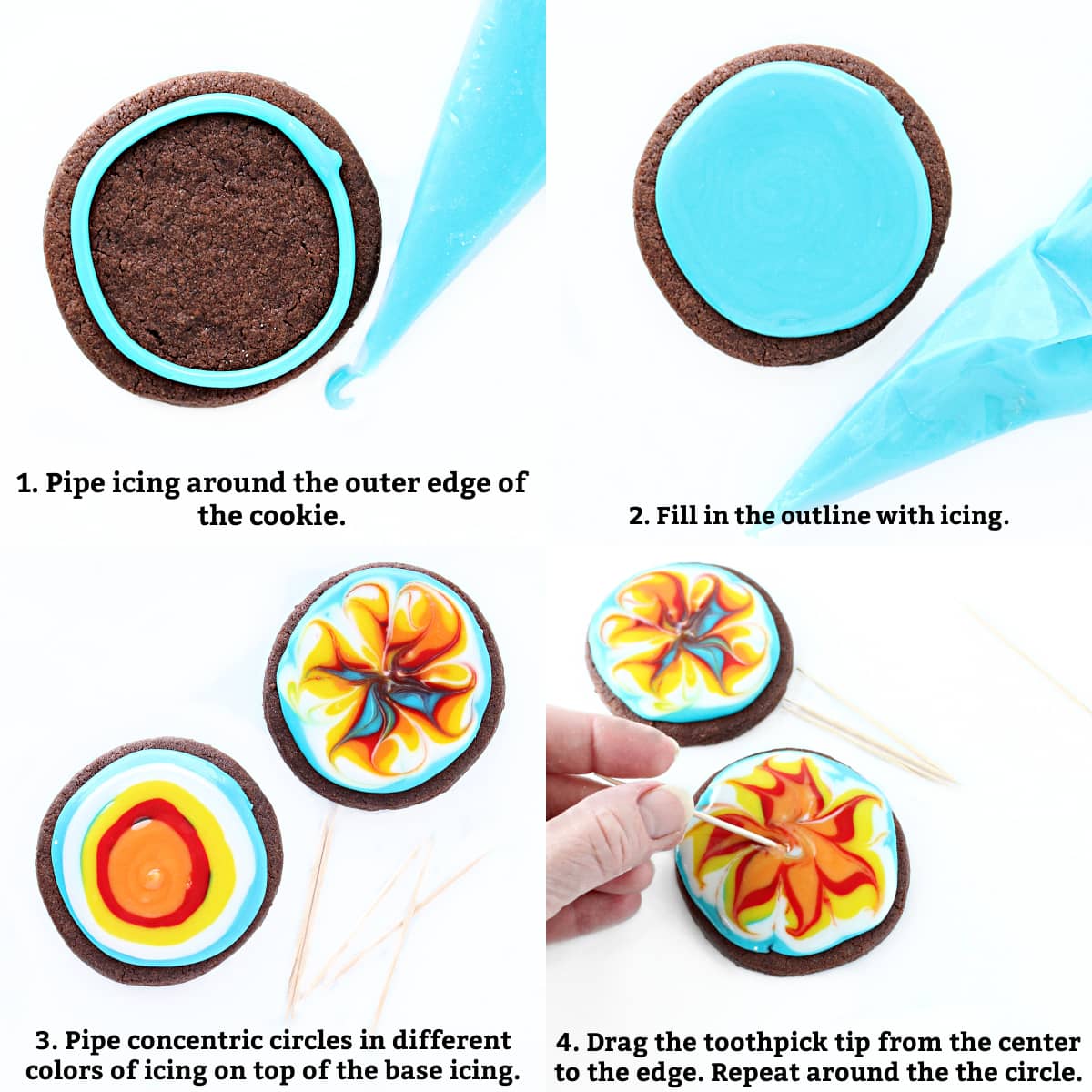 Tie dye instructions: pipe outline, flood, pipe colored concentric circles, drag toothpick center to edge.