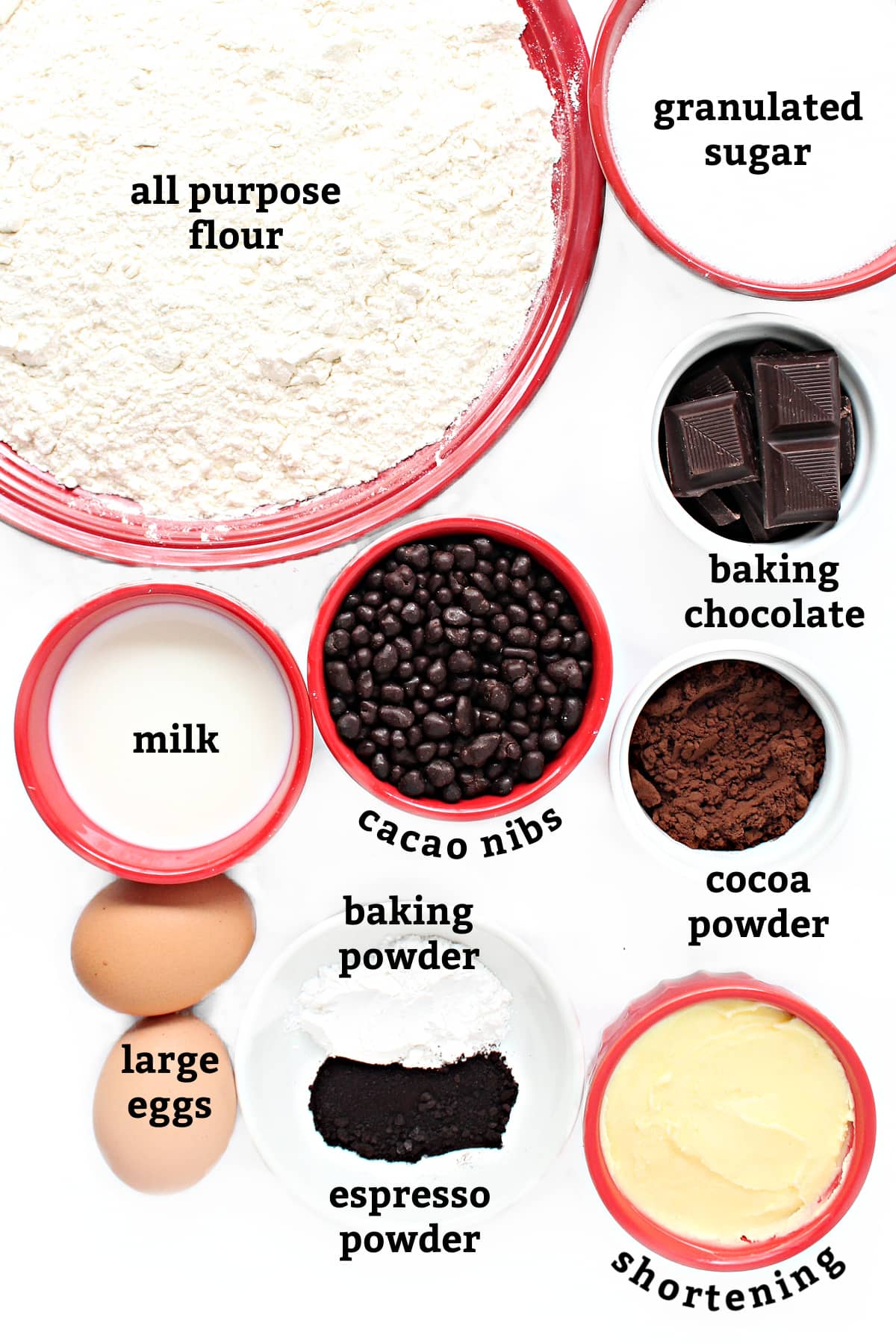 Ingredients: flour, granulated sugar, milk, cacao nibs, baking chocolate, cocoa powder, large eggs, baking powder, espresso powder, vegetable shortening.