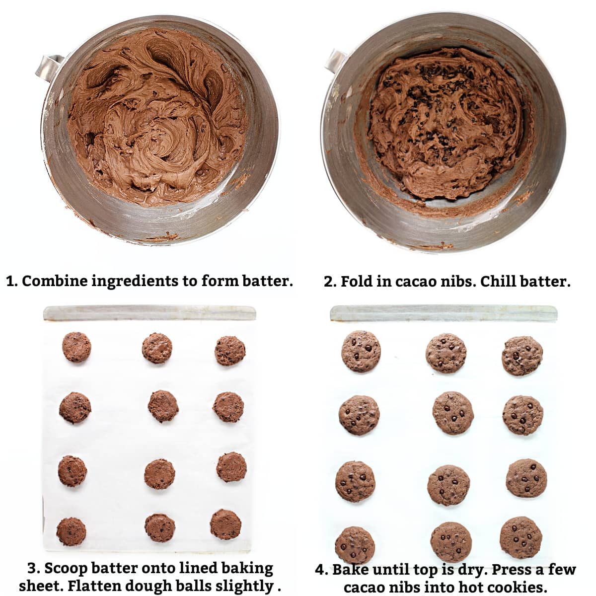 Instructions: combine ingredients to form batter, fold in cacao nibs, chill batter, scoop onto lined baking sheet and flatten slightly with your palm, bake until cookie tops are dry, immediately add cacao nibs to tops of cookies.