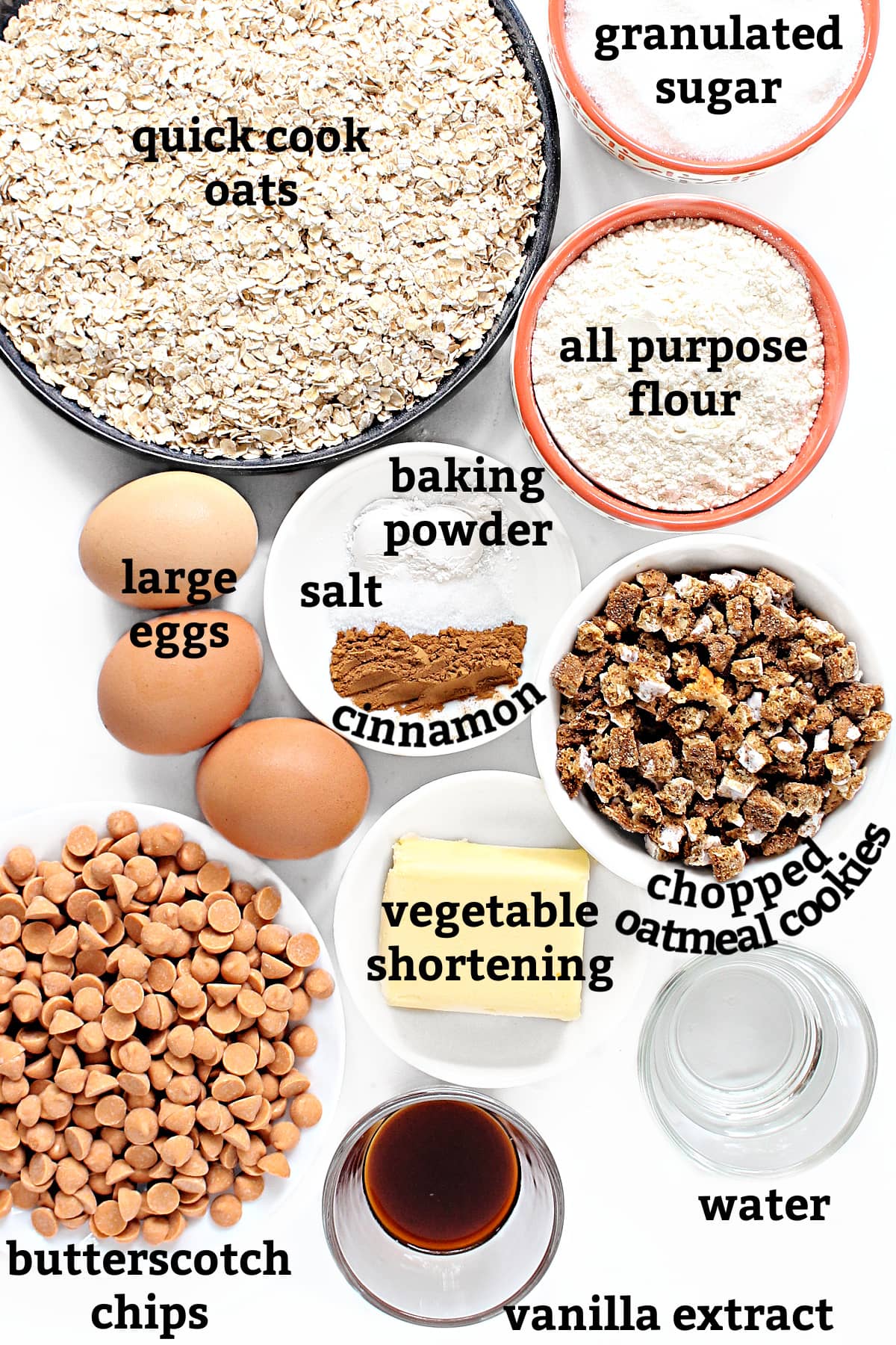 Ingredients: quick cook oats, granulated sugar, all purpose flour, baking powder, salt, cinnamon, large eggs, vegetable shortening, butterscotch chips, water, vanilla, chopped oatmeal cookie bits.