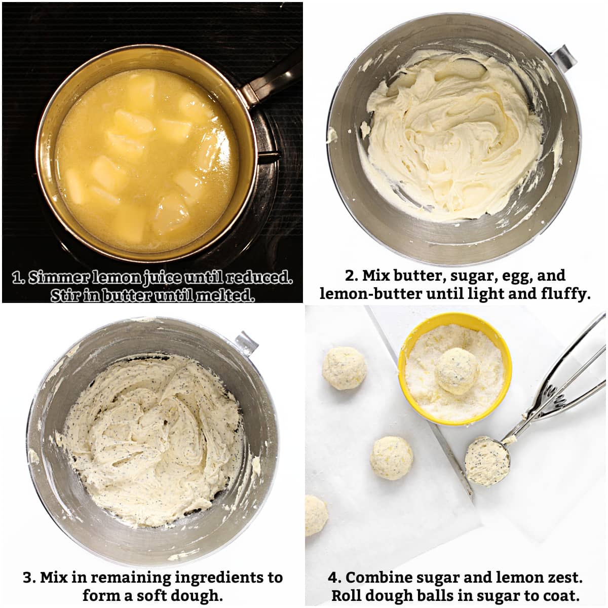 Instructions 1-4: Simmer lemon juice until recuced then stir in butter until melted, beat butter, sugar, egg, and lemon-butter until light, mix in remaining ingredients to form soft dough, roll dough balls in sugar mixed with lemon zest.