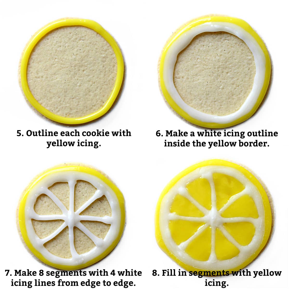 Decorating instructions: Outline with yellow icing, make a white outline inside of the yellow border, make 8 segments with white icing, fill in segments with yellow icing.