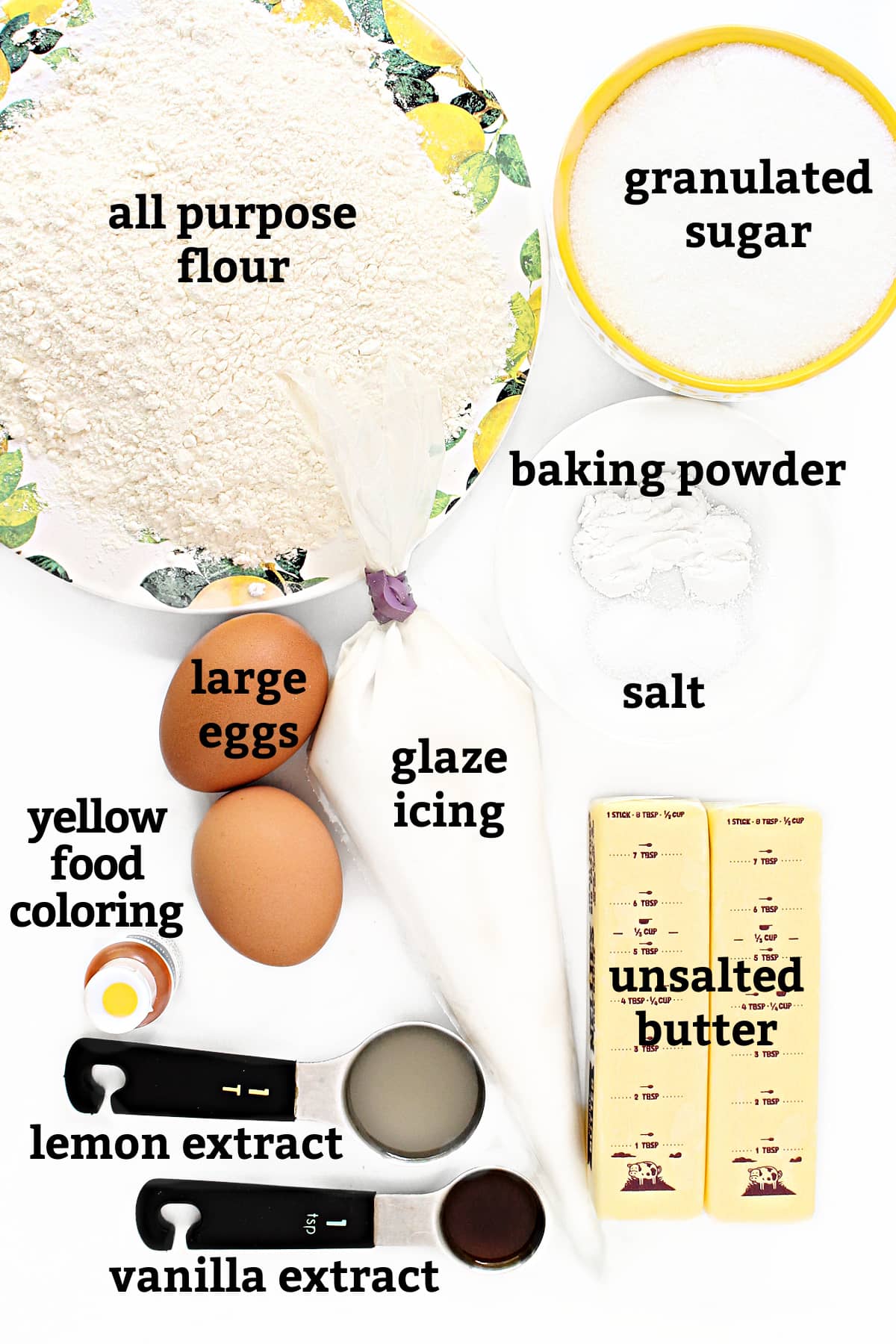 Ingredients: flour, granulated sugar, baking powder, salt, unsalted butter, eggs, glaze icing, lemon extract, vanilla extract, yellow food coloring.