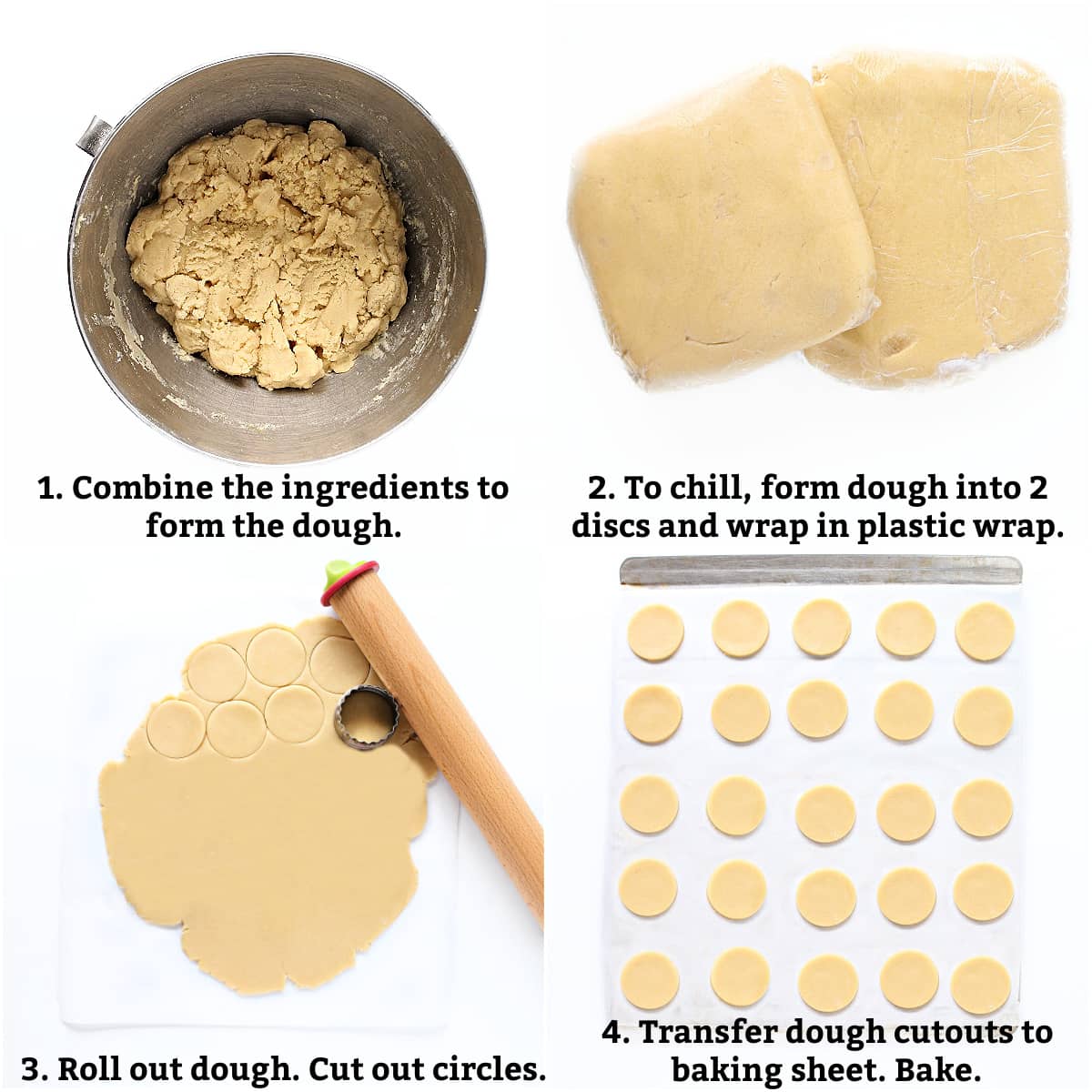 Cookie instructions: combine ingredients for dough, chill dough, roll out dough and cut out circles, place circles on parchment lined pan, bake.