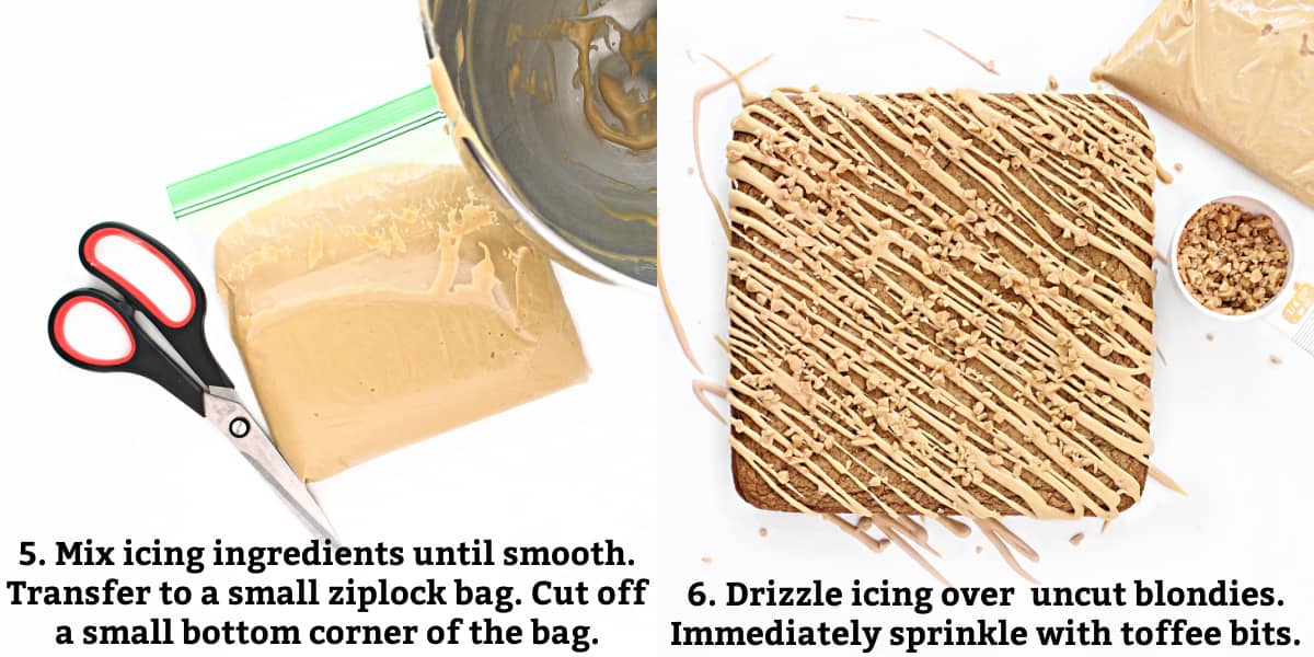 Icing instructions: Combine ingredients until smooth then transfer into a ziplock bag with a small bottom corner cut off, zigzag icing over blondies and sprinkle with toffee bits.
