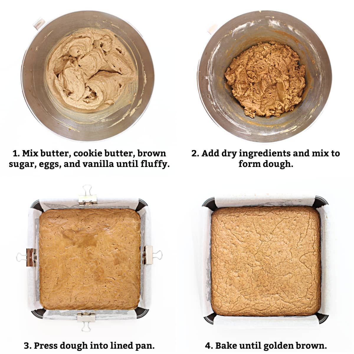 Blondie instructions: mix ingredients to form thick dough, spread in lined pan, bake until golden brown.