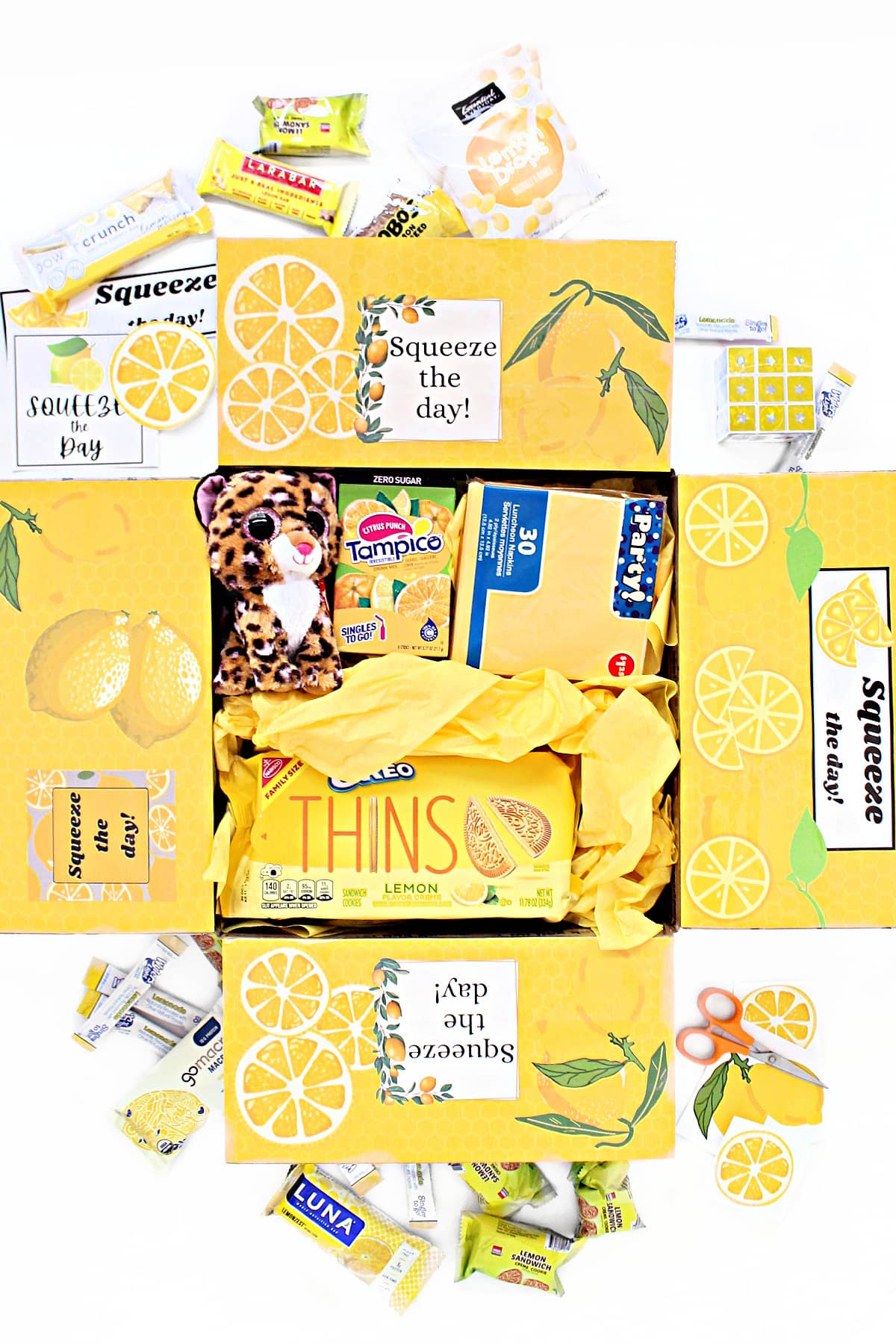 Lemon-themed Squeeze the Day military care package with yellow snacks, lemon treats, a stuffed animal, and decorated box flaps featuring citrus clipart and uplifting slogans.