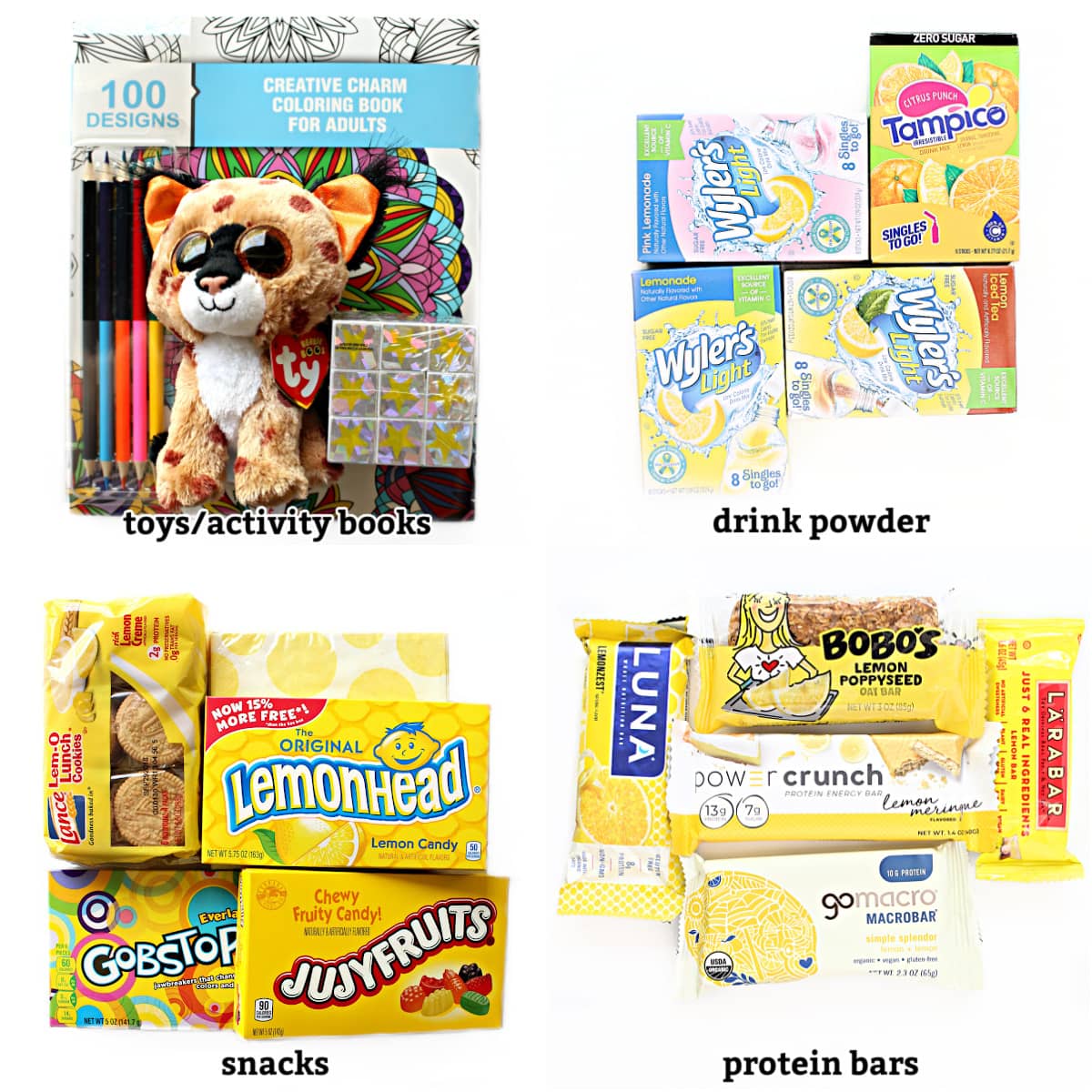 Care Package Contents: toys/activity books, drink powder, cookies/candy snacks, protein bars.
