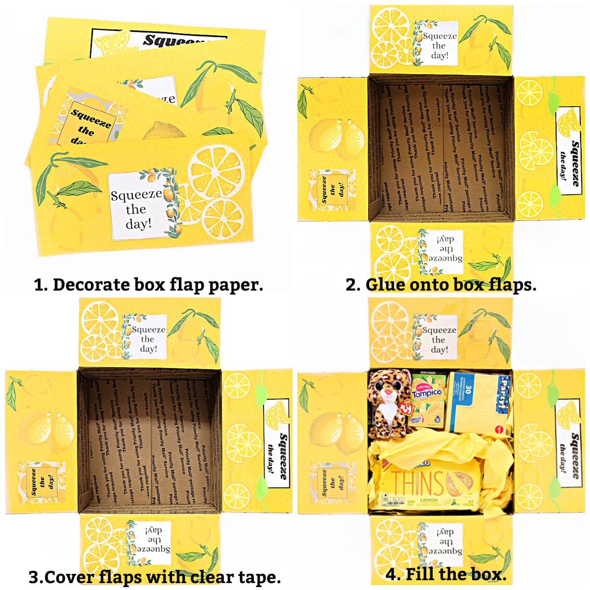 Instructions: decorate box flap paper, glue decorated papers onto box flaps, cover flaps with clear tape, fill the box.