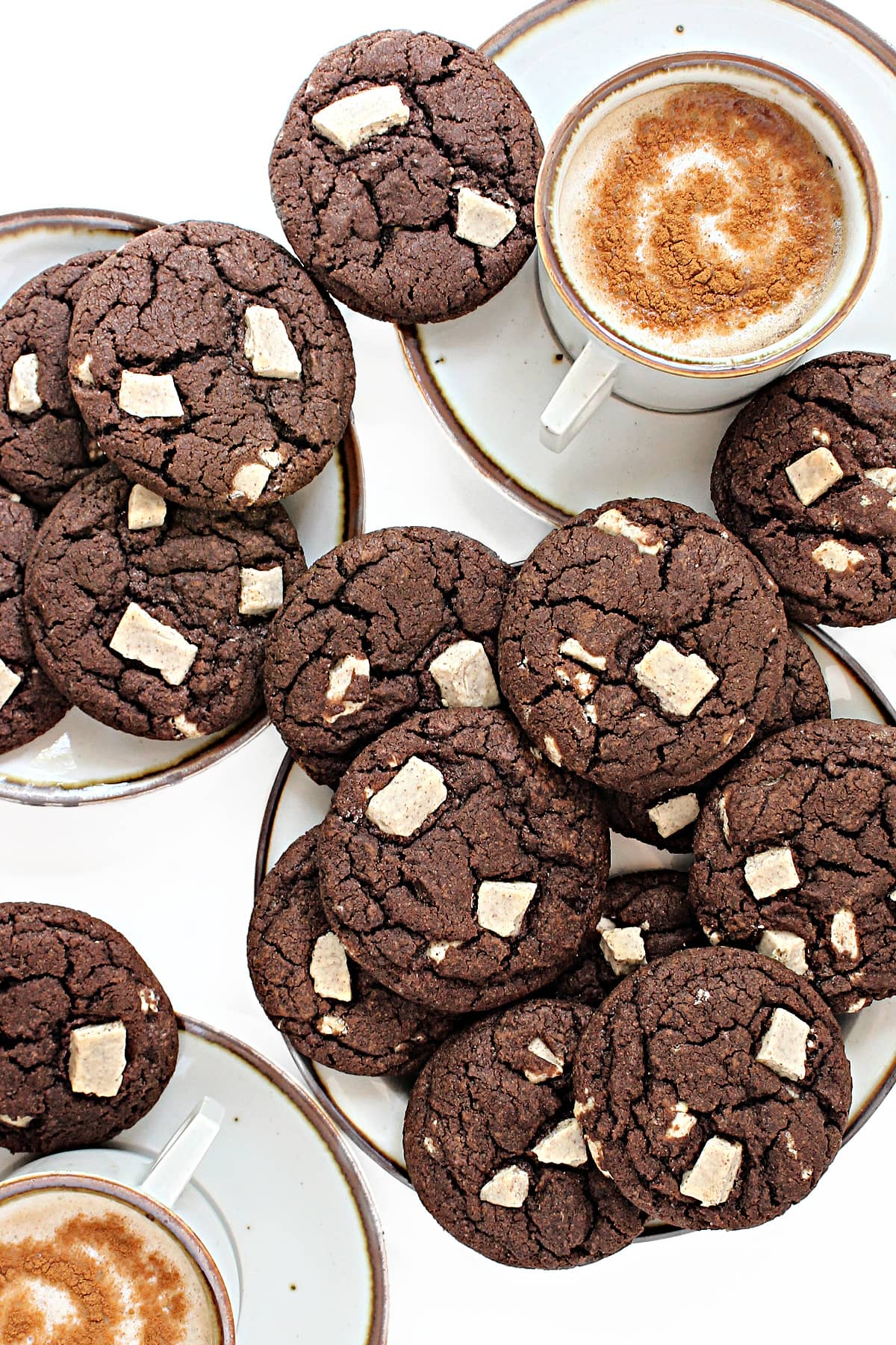 Rich chocolate Cappuccino Cookies with homemade cappuccino white chocolate chunks.
