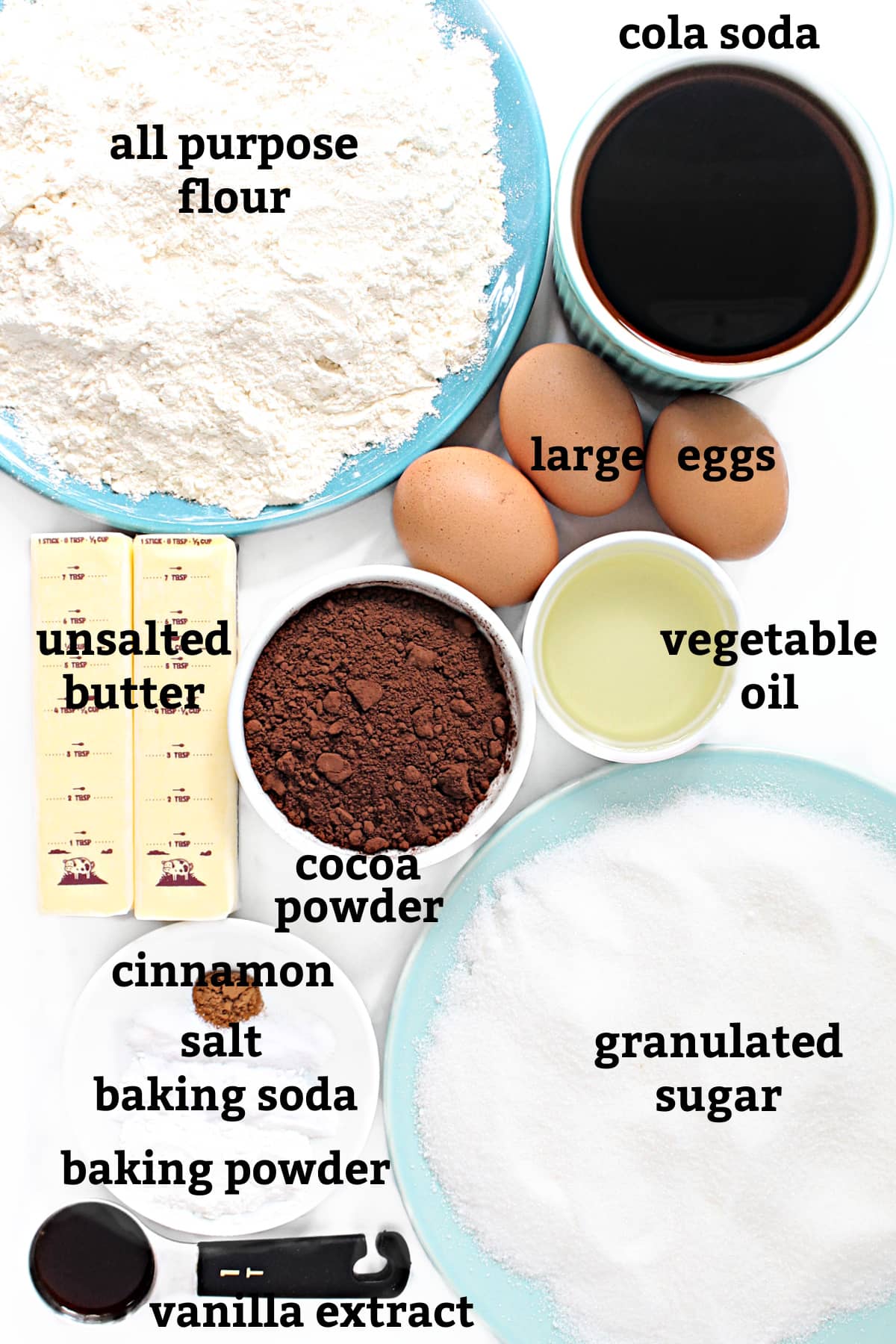 Chocolate Snack Cake ingredients: flour, cola soda, large eggs, unsalted butter, cocoa powder, vegetable oil, cinnamon, salt, baking powder, baking soda, granulated sugar, vanilla.