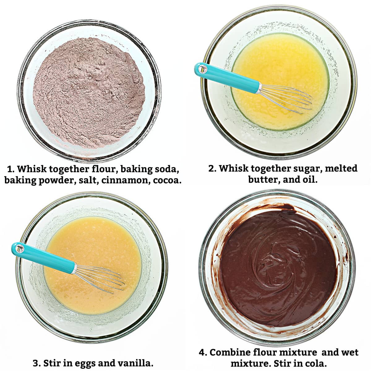 Chocolate Snack Cake instructions: 1. whisk together dry ingredients, 2. separately mix sugar, butter, and oil, 3. Stir in eggs and vanilla, 4. Combine dry and wet ingredients. Stir in cola, 5. Spread batter in pans, 6. Bake.