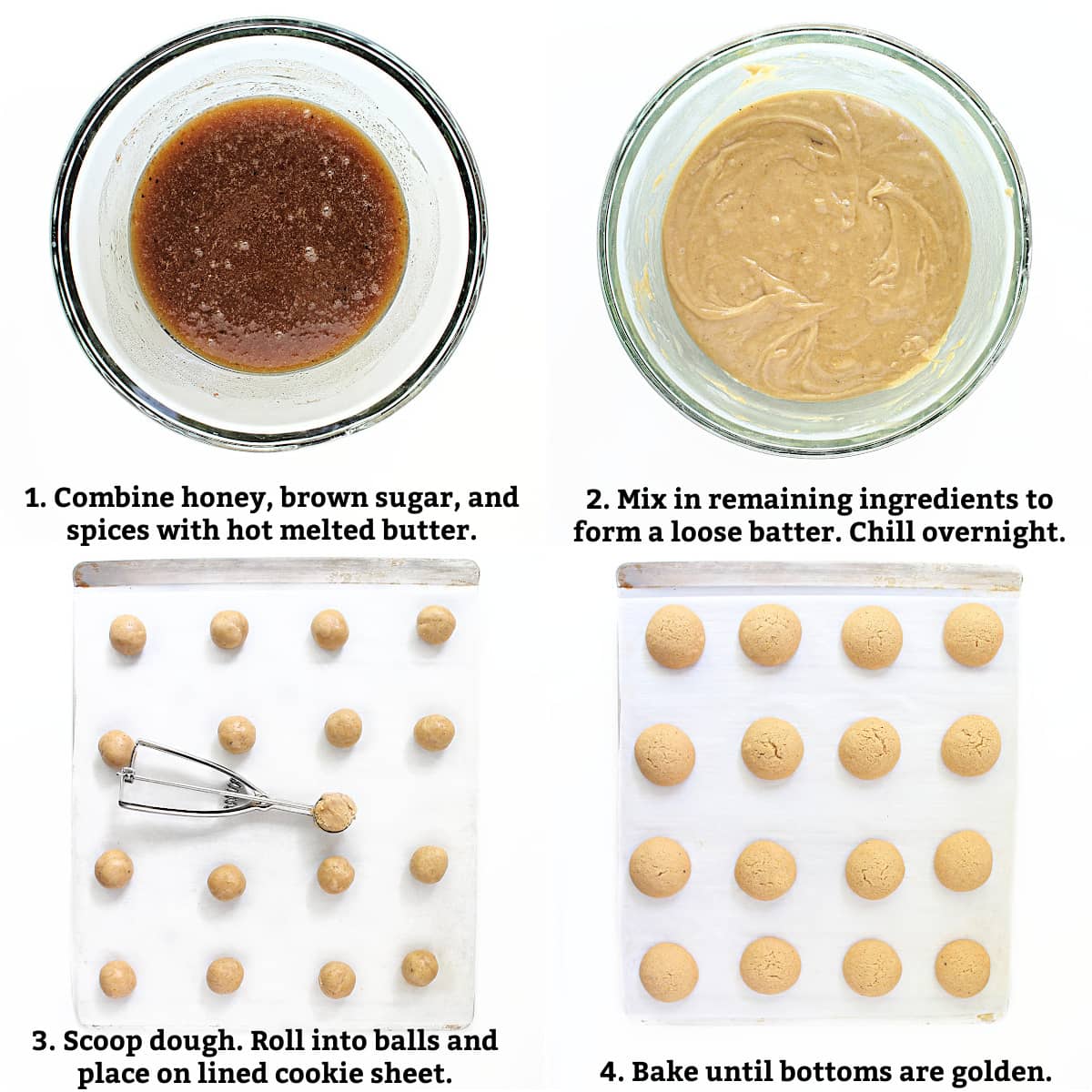 Instructions: combine hot melted butter with honey, brown sugar, and spices, mix in the remaining ingredients to form a loose batter, chill dough over night, scoop dough balls, bake until golden.