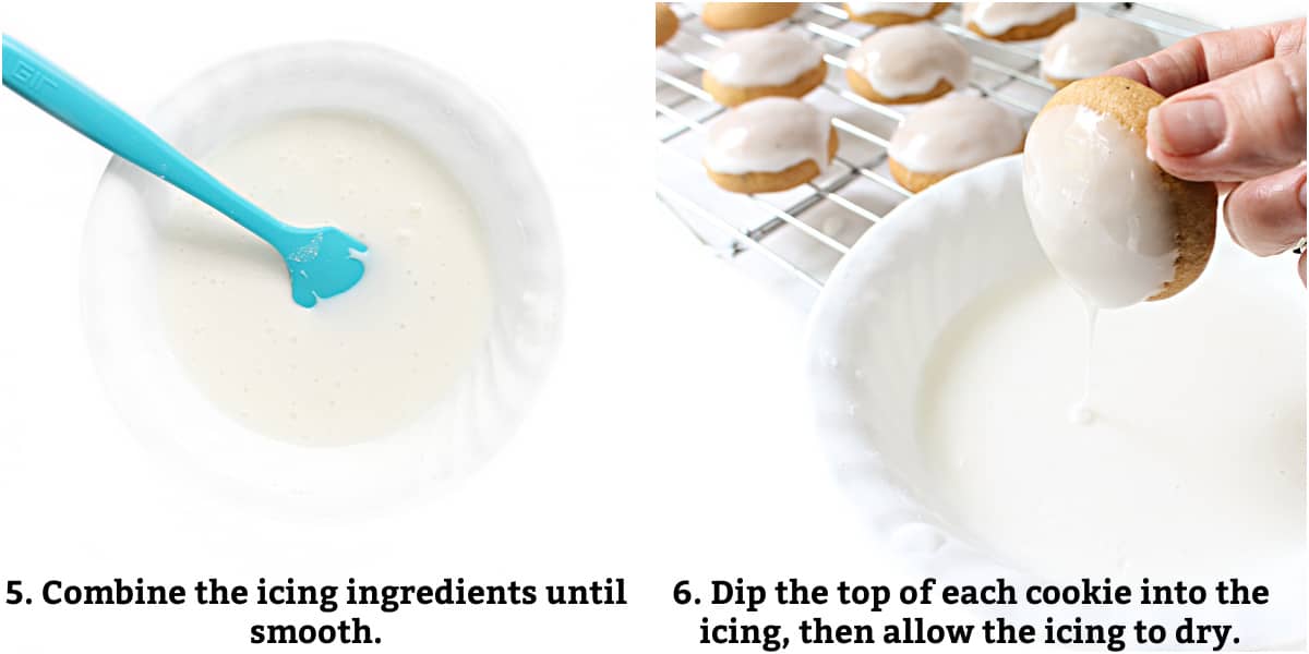 To make icing, mix powdered sugar, lemon juice and water until smooth, dip the top of each cookies into the icing then set the cookies on a wire rack to dry.