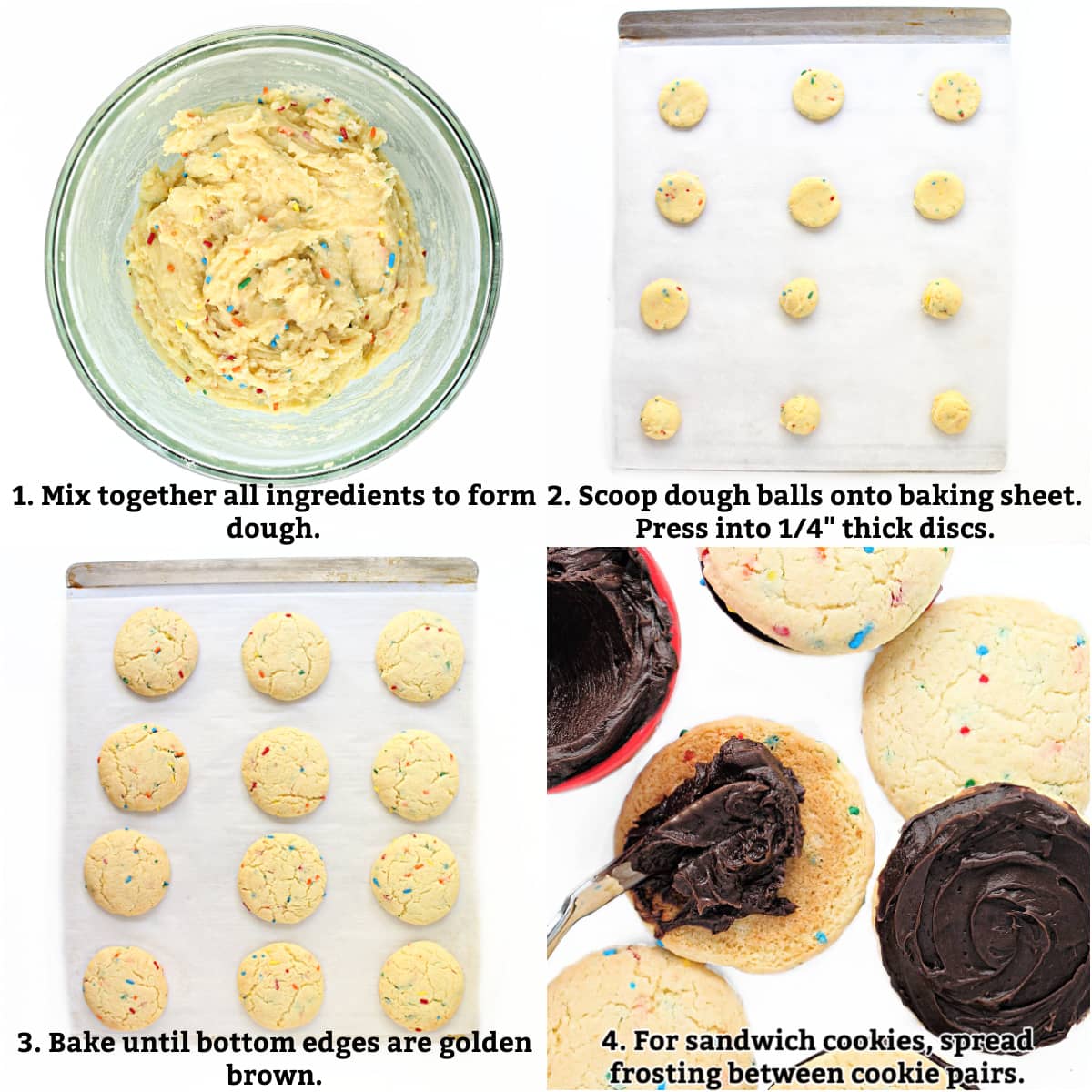 Instructions for Funfetti Cake Mix Cookies: mix the 3 ingredients together, scoop onto lined baking sheet and flatten, bake, frost and sandwich the cookies.