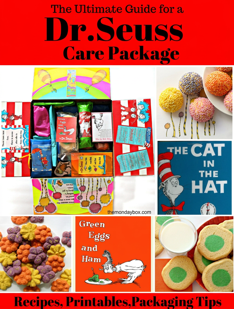 The Dr. Seuss Care Package Guide top image Collage of photos showing the inside of the care package with the flaps of the box decorated from Seuss books.